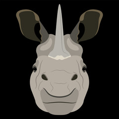 Horned head of Indian rhinoceros. (Rhinoceros unicornis). Funny animal mask. Cartoon style. On black background.