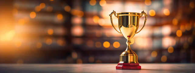 Elegant trophy cup on a reflective surface with bokeh lights. Winning and celebration concept. Generative AI