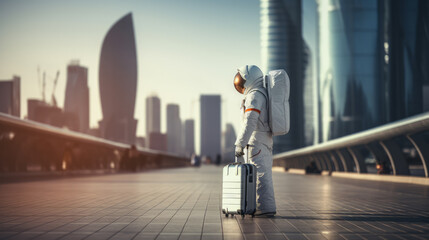 Astronaut with luggage looking at urban skyline, futuristic city travel concept. Generative AI