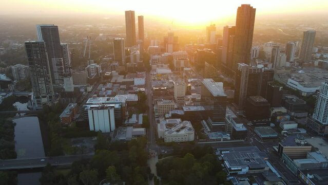 Aerial drone view of Parramatta cbd in Sydney, NSW Australia during a morning sunrise in December 2023