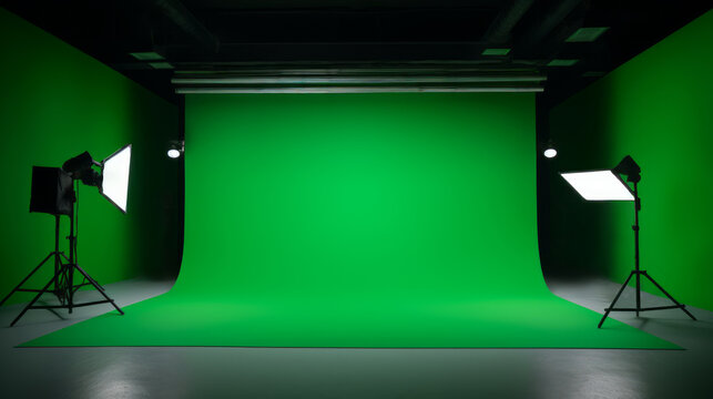 Professional photo studio setup with green chroma key background and lighting equipment. Videography concept. Generative AI