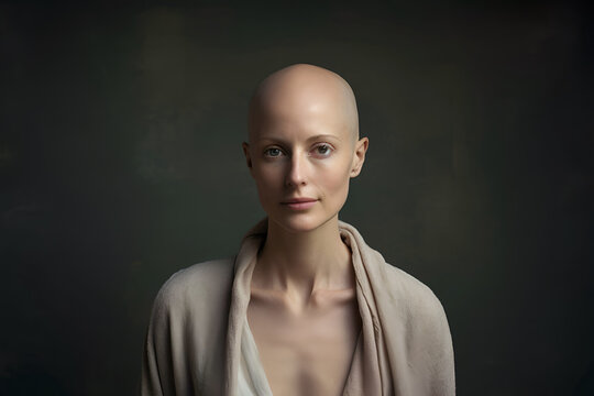 Portrait of caucasian bald woman, alopecia and cancer awareness, copy space