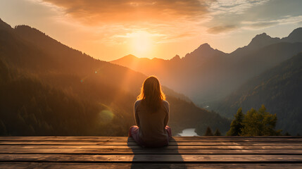 Back view of hipster girl sitting, with background of beautiful mountains scene