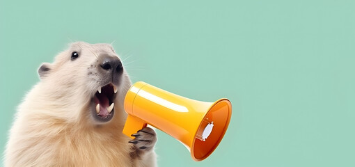 Big rodent announcing using hand speaker. Notifying, warning, announcement.