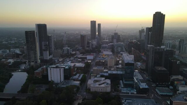 Aerial drone view of Parramatta cbd in Sydney, NSW Australia during a morning sunrise in December 2023