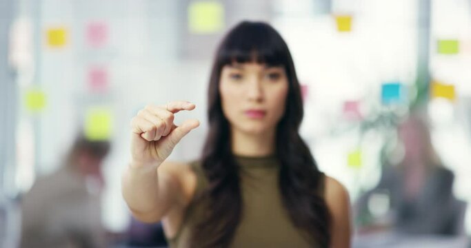 Little, size and woman sign with hand in office with body language for tiny measurement. Small, amount and person gesture for a pinch, minuscule or minute bit in startup, workplace or business