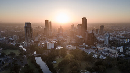 Aerial drone view of Parramatta cbd in Sydney, NSW Australia during a morning sunrise in December...