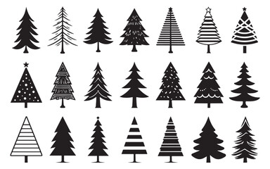 Christmas tree icons, silhouettes in black color, on isolated background. Big set for decoration. Vector illustration