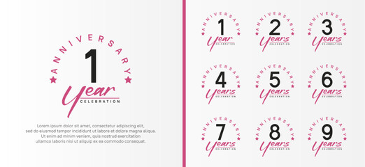 set of anniversary logo flat black color number and purple text on white background for celebration
