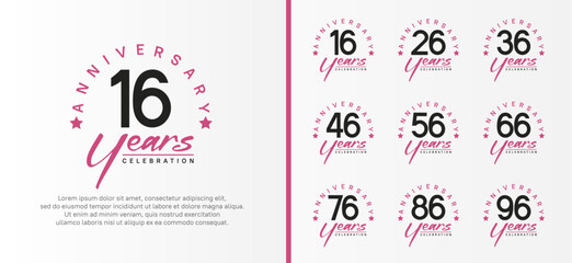 set of anniversary logo flat black color number and purple text on white background for celebration