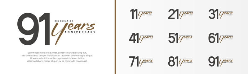 set of anniversary logo black color number and brown text on white background for celebration - obrazy, fototapety, plakaty