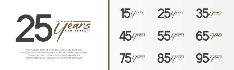 set of anniversary logo black color number and brown text on white background for celebration - obrazy, fototapety, plakaty