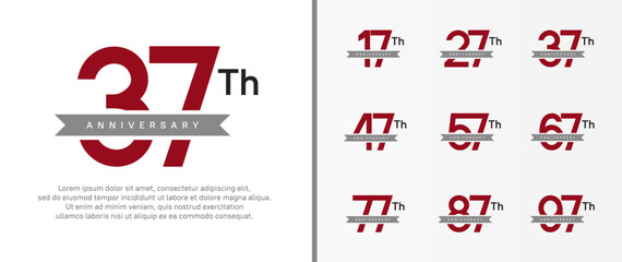 set of anniversary logo red color number and gray ribbon on white background for celebration