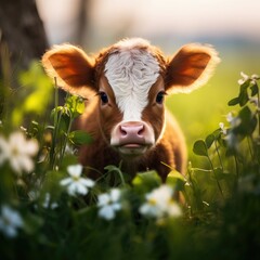 Newborn Charm: Precious Baby Cow in the Grass, Curious Eyes, Soft Fur, Springtime Vibrance
