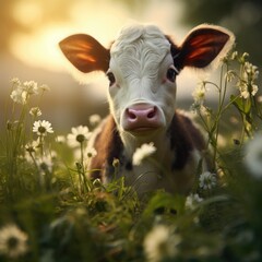 Newborn Charm: Precious Baby Cow in the Grass, Curious Eyes, Soft Fur, Springtime Vibrance
