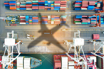 Aerial view of container warehouse at industrial port Sending by ship and plane, cargo  logistics,...