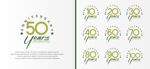set of anniversary logo flat green color number and dark green text on white background for celebration - obrazy, fototapety, plakaty