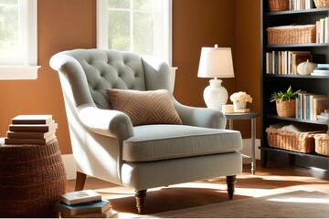 A cozy reading nook bathed in warm sunlight, adorned with a plush armchair and a stack of books.
