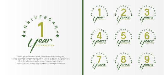 set of anniversary logo flat green color number and dark green text on white background for celebration - obrazy, fototapety, plakaty