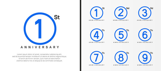 set of anniversary logo blue color number in circle and black text on white background for celebration - obrazy, fototapety, plakaty