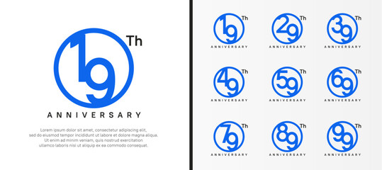 set of anniversary logo blue color number in circle and black text on white background for celebration - obrazy, fototapety, plakaty