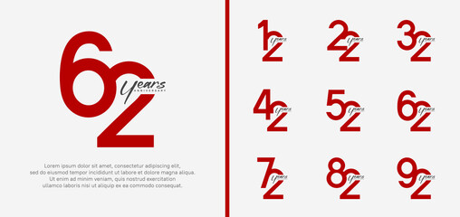 set of anniversary logo red color number on white background for celebration - obrazy, fototapety, plakaty
