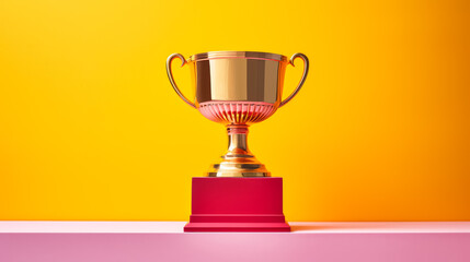 Classic gold cup on orange backdrop. Achievement and recognition concept. Generative AI - obrazy, fototapety, plakaty