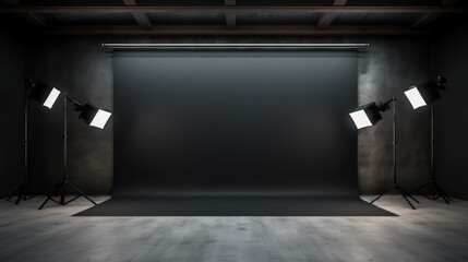 Photo studio with black backdrop, professional lighting, Concrete flooring. Dark atmosphere photography concept. Generative AI - Powered by Adobe