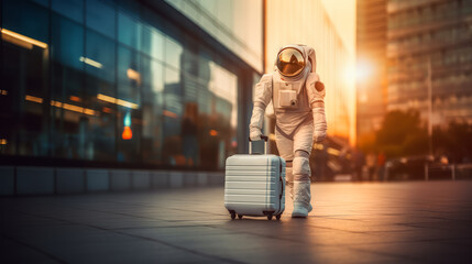 Astronaut with white suitcase strolling in city evening lights. Urban space journey travel concept. Generative AI - obrazy, fototapety, plakaty