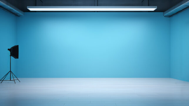 Empty photo studio with blue walls, professional lighting equipment, and white floor. Photography setup concept. Generative AI