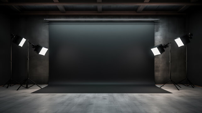 Fototapeta Photo studio with black backdrop, professional lighting, Concrete flooring. Dark atmosphere photography concept. Generative AI
