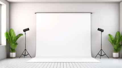 Minimalist photo studio with white backdrop and potted plants. Clean design concept. Generative AI - obrazy, fototapety, plakaty