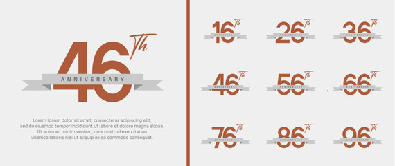 set of anniversary logo flat brown color number and gray ribbon on white background for celebration