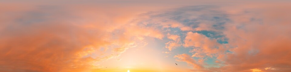 Sunset sky panorama with bright glowing pink Cumulus clouds. HDR 360 seamless spherical panorama. Full zenith or sky dome in 3D, sky replacement for aerial drone panoramas. Climate and weather change.