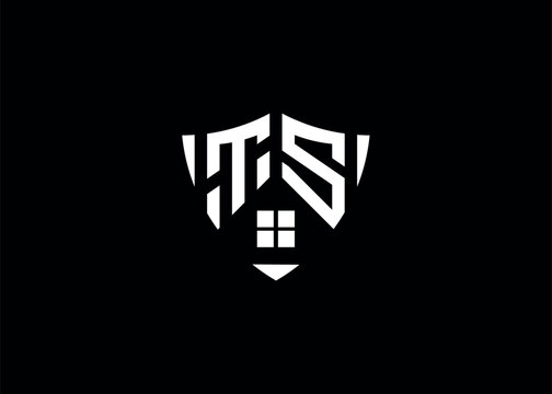 Real estate letter TS shield shape logo and house building vector template.