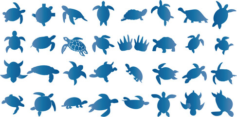 Blue turtle silhouettes, diverse species, Ideal for educational content, children’s books, environmental campaigns. Detailed, distinct, showcasing movement, behavior. Simple, informative, decorative