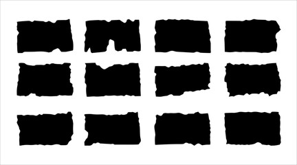 Black torn paper design elements. Set of vector icons. Jagged rectangle frames isolated on white backdrop