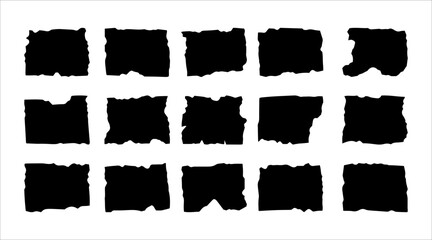 Torn rectangle frames. Set of vector icons. Various black silhouette rectangles isolated on white backdrop