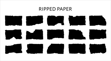 Set of vector icons with Jagged pieces of papers. Black torn rectangle frames on white backdrop. - obrazy, fototapety, plakaty