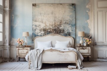 A tranquil shabby chic bedroom retreat adorned with distressed furniture and modern abstract art, creating a timeless and elegant atmosphere