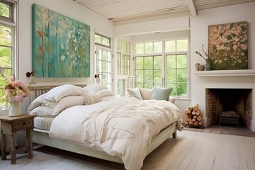 A tranquil shabby chic bedroom retreat adorned with distressed furniture and modern abstract art