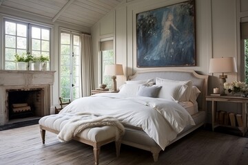 A tranquil shabby chic bedroom retreat adorned with distressed furniture and modern abstract art
