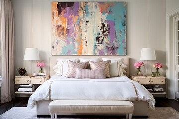 A tranquil shabby chic bedroom retreat adorned with distressed furniture and modern abstract art