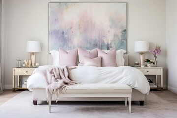 A tranquil shabby chic bedroom retreat adorned with distressed furniture and modern abstract art, creating a timeless and elegant atmosphere
