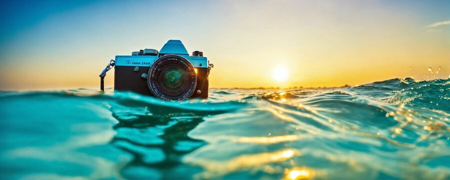 undewater Blue sea camera pointing to the sun above water, high quality photo