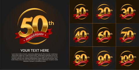 Set of Anniversary Logotype golden color with red ribbon can be use for special day celebration