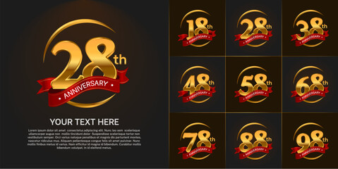 Set of Anniversary Logotype golden color with red ribbon can be use for special day celebration