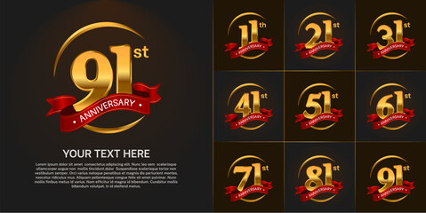 Set of Anniversary Logotype golden color with red ribbon can be use for special day celebration - obrazy, fototapety, plakaty