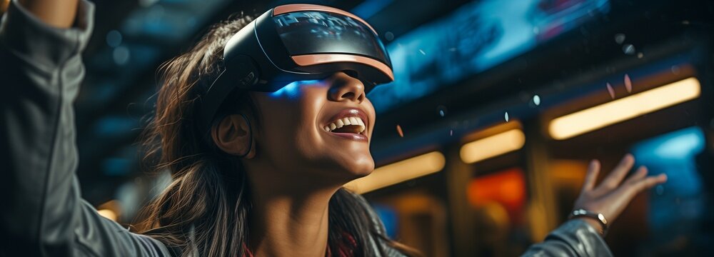 A lovely girl interacts with pals interactively using a virtual reality headset. Wear virtual reality glasses to watch entertainment. Present-day technologies of the future.