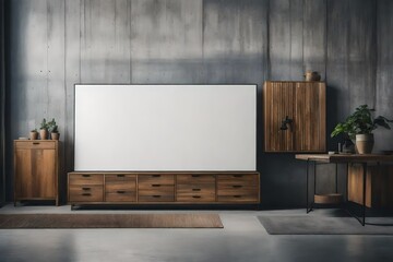 Wooden Cabinet and Dresser Against Concrete Wall with Copy Space Poster
